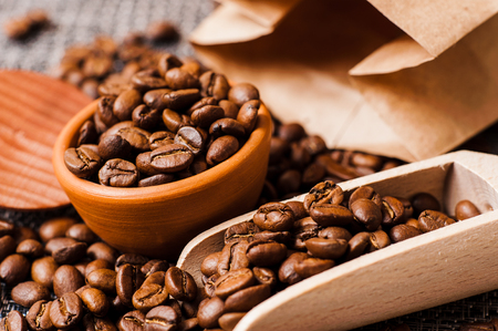 coffee beans.Roasted coffee beans goals.Packaging for coffeeの写真素材