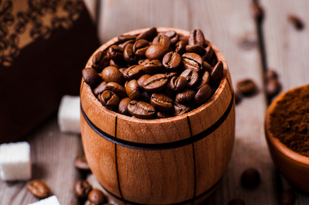 barrel coffee.Coffee powder and whole.coffee beans.ground coffeeの写真素材