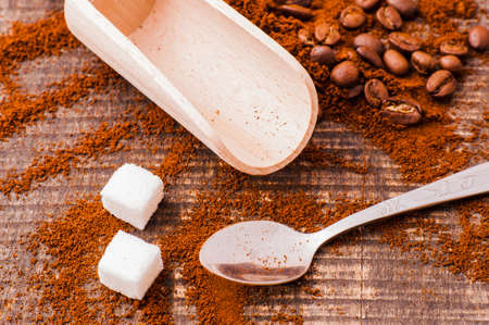 Aromatic coffee beans. closeup. Coffee beans are scattered on the table.の写真素材