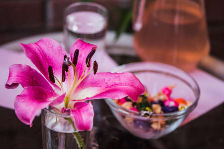 Beautiful red lilies on the surface.の写真素材