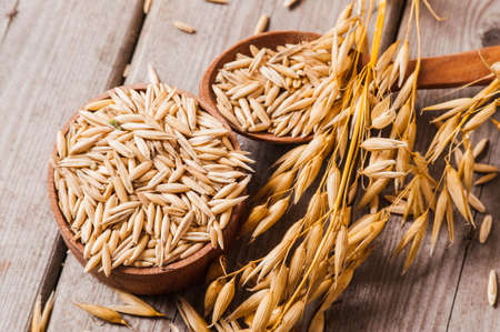 Oat ears of grain on a wooden table, oatmeal. Bounteous harvest. A Healthy fresh Dry Oat mealの写真素材