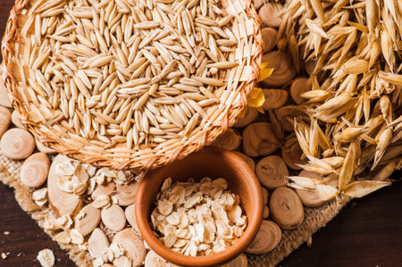 Photos ground flour. Fresh wheat grains and flour.Slices of bread