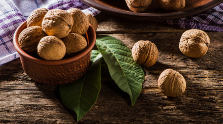 Green walnuts leaves.Walnuts in a wooden plate and walnut kernels. gray background. top view