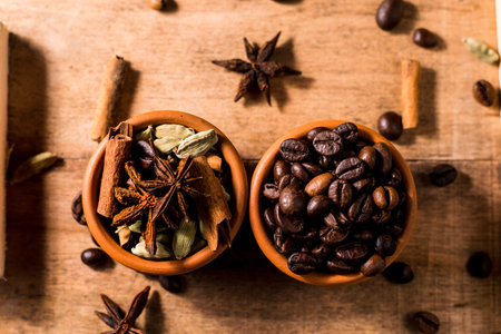 Roasted coffee beans and star anise, cinnamon.の写真素材