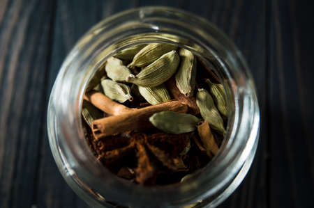 Fresh coffee beans and star anise, cinnamon.の写真素材
