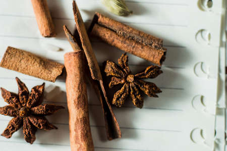 Fresh coffee beans and star anise, cinnamon.の写真素材