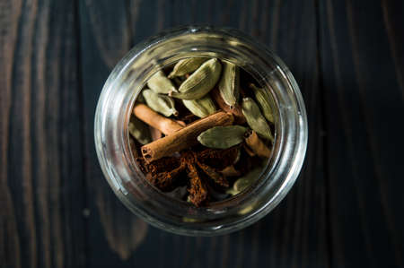 Fresh coffee beans and star anise, cinnamon.の写真素材