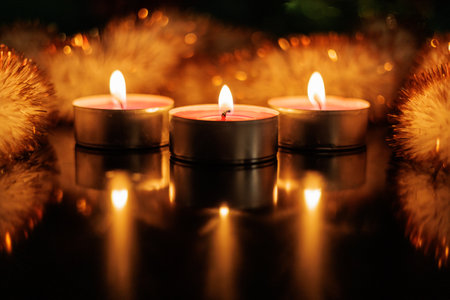 Many burning candles. Candles new year. Valentine candle lights. Valentine's dayの写真素材