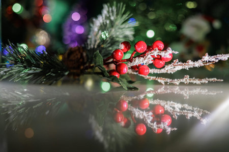 Decoration at Happy christmas holiday. Happy new year. Glitter Blue and Orange Soft-Focus Lights Flashing. Focus Features. Lens Bokeh. Flare lights. Close upの写真素材