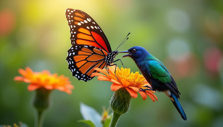 Beautiful monarch butterfly on orange flower in the garden. Wildlife scene from nature.の写真素材