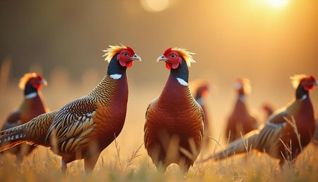 Pheasant (Phasianus colchicus) at sunsetの写真素材