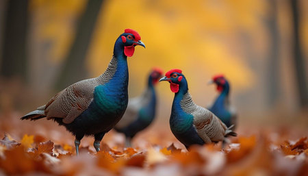 Pheasants in the autumn forest, close-up.