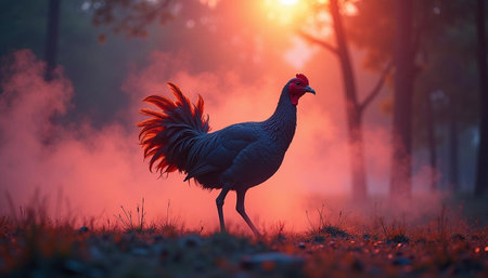 chinese rooster in the morning fog with orange light, sunriseの写真素材