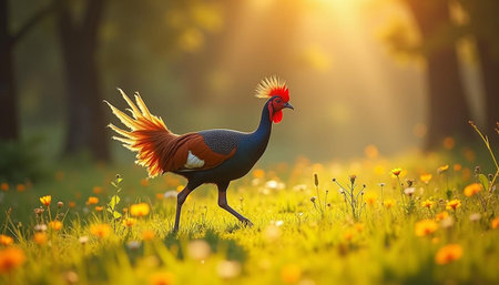 Pheasant walking in the meadow at sunset. Beautiful bird in nature.の写真素材