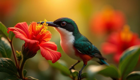Olive-backed Sunbird (Nymphalidae) on red flowerの写真素材
