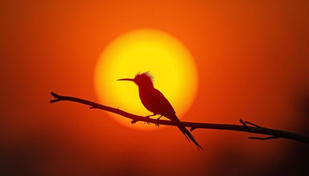 Silhouette of a bird on a branch against the setting sunの写真素材