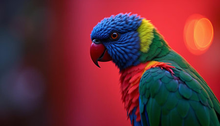 Rainbow Parrot on a background of red and green bokehの写真素材