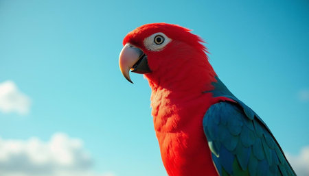 Red macaw parrot on blue sky background, close-upの写真素材
