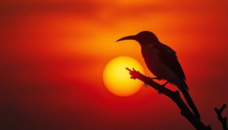 Silhouette of a bird on a branch with sunset in the background