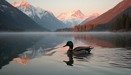 Mallard drake swimming in lake with snow capped mountains in backgroundの写真素材