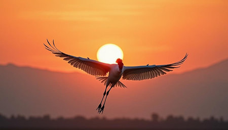 African Flamingo (Phoenicopterus ruber) in flight at sunsetの写真素材