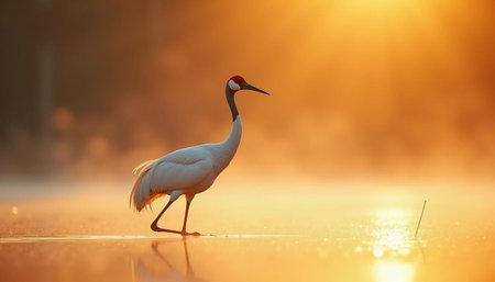 Red-crowned crane, Grus japonensis, single bird in water, sunriseの写真素材