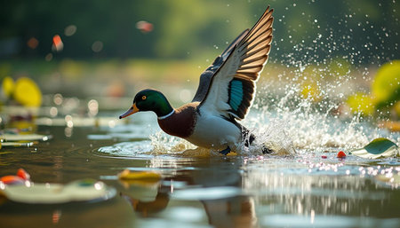 Male mallard duck splashing in the water with bokeh backgroundの写真素材