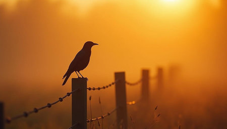 Crow sitting on a fence in a meadow at sunset.の写真素材
