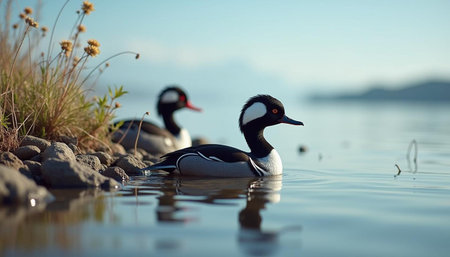 Male and female of Hooded Merganser (Bucephala hirundo).