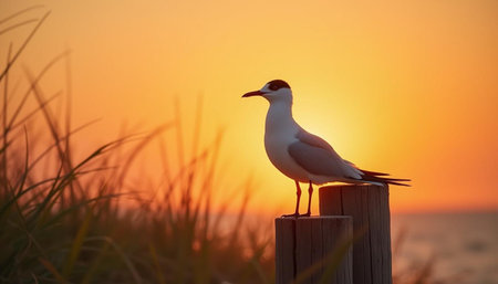 A seagull standing on a wooden post with a sunset in the backgroundの写真素材