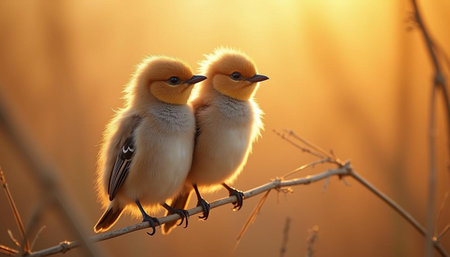 Couple of little birds on a branch in the rays of the setting sunの写真素材