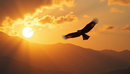 Eagle flying in the sky at sunset. 3D rendering.の写真素材
