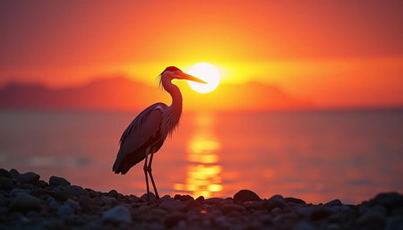 Great blue heron standing on the beach with sunset in the backgroundの写真素材