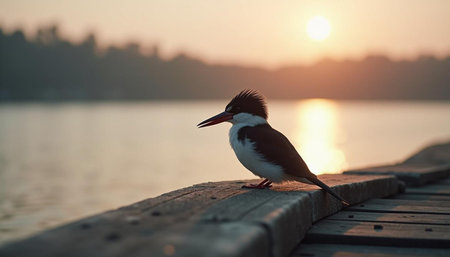 White-throated kingfisher (Podiceps cristatus) on a pier at sunsetの写真素材