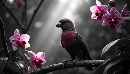 Black and white parrot sitting on a branch with orchids