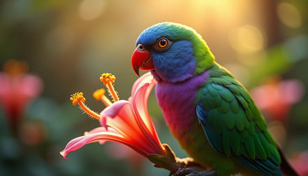 Parrot sitting on a pink flower in the morning sun light.