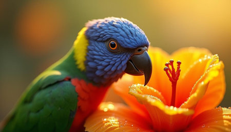 Parrot sitting on a flower and looking at the camera, close upの写真素材
