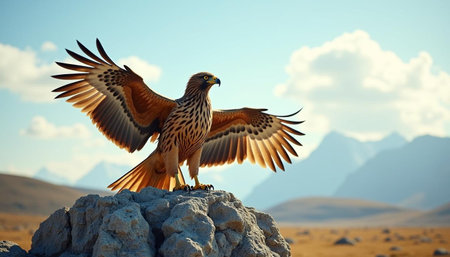 Birds of prey on the rock against the background of the mountainsの写真素材