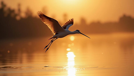 Water bird pied avocet ( Recurvirostra avosetta) in flight at sunset.の写真素材