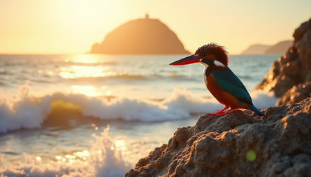 Kingfisher on the rock near the sea at sunset. Selective focus.の写真素材
