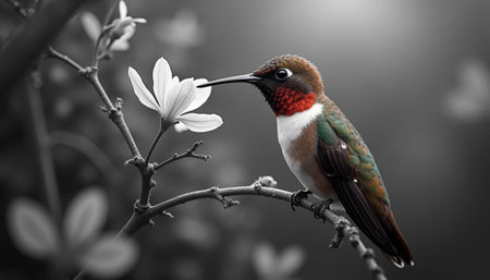 Ruby-throated Hummingbird perched on a branch with white flowerの写真素材