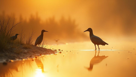 Silhouette of bird at sunrise with reflection in the water.の写真素材