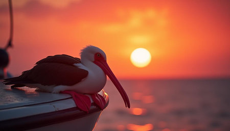 pelican on the boat at sunset in the sea, beautiful photo digital pictureの写真素材