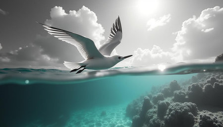 Seagulls flying above the surface of the sea. 3d renderの写真素材