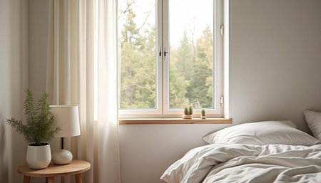 Interior of modern bedroom with white linens and cozy beddingの写真素材