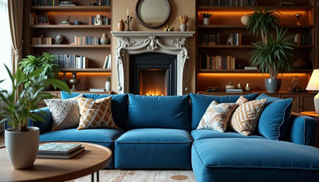 Living room interior with blue sofa, bookshelf and fireplace. 3d renderの写真素材