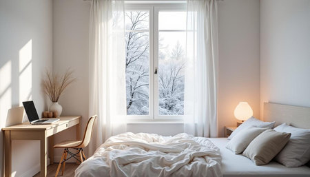 Laptop on a bed in a bedroom with a view of the snowy forestの写真素材