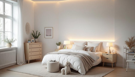 Interior of modern bedroom 3D rendering. Bedroom with bed