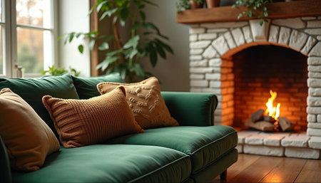 Cozy living room with fireplace and comfortable sofa, closeup. Interior designの写真素材