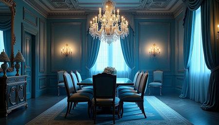 Classic blue interior with armchairs and chandelier. 3d renderの写真素材